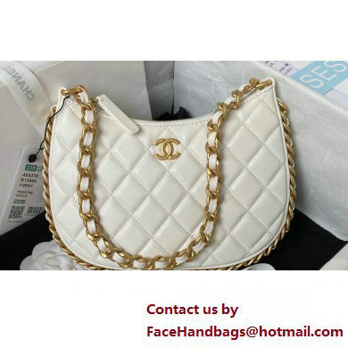 Chanel Shiny Crumpled Lambskin & Gold-Tone Metal Hobo Handbag AS4378 White 2023